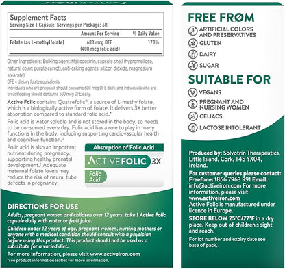 Active Folic 400mcg, Folic Acid Supplement for Pregnancy, 60 Capsules, Helps Fight Tiredness, Fatigue, Highly Absorbed, L-Methylfolate, Vegan, 2 Month Supply