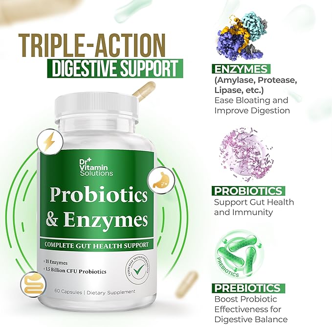 DR VITAMIN SOLUTIONS Multi Enzymes, Pre & Probiotics for Digestive Health | 18 Active Enzymes & 1.5 Billion CFU Probiotics for Women & Men | Digestive Enzymes w/Prebiotics for Bloating Relief | 60