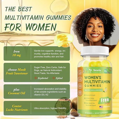 Sugar Free Multivitamin Gummies for Women 14+ w/Iron, Bariatric Multivitamin, Inositol, Folate, Biotin, Womens Daily Gummy w/Vitamin A, D, C, B, for Hair, Skin, Energy, Immune, Lemon Flavor