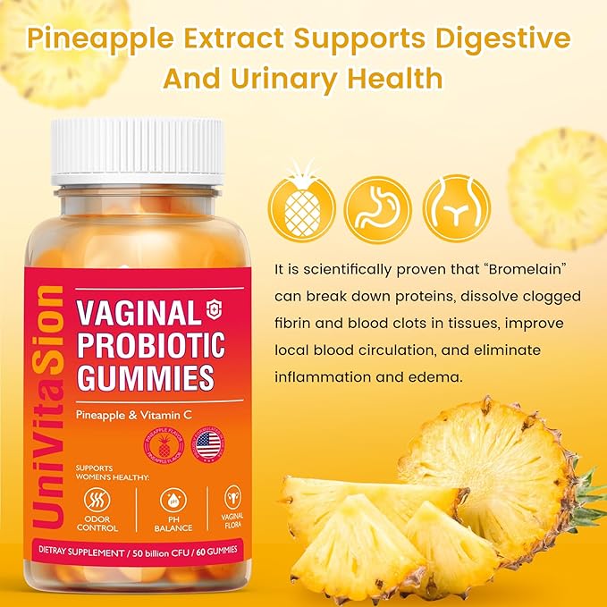 UniVitaSion Vaginal Probiotics Gummies for Women, 50 Billion CFUs - PH Balance, Vaginal odor, Vaginal Flora, Yeast Infection Treatment for Women, Vitamin C for Immune health, Hawaiian Pineapple Flavor