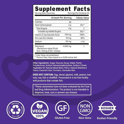 Elderberry Gummies with Vitamin C and Zinc - Immune Booster Elderberry Gummies For Adults and Kids - Vegan Natural Ingredients Defense Multivitamins with Antioxidant Support (60 Gummies)