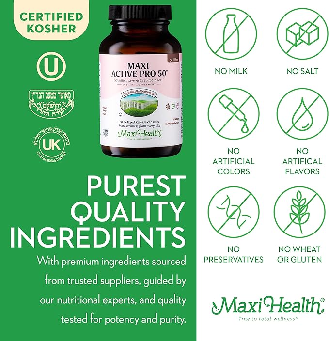 Maxi Health Probiotic Plus Ultimate Prebiotic Advanced Live Probiotics Formula - 50 Billion Live Active Probiotic - 15 Strains - Ultra Protection - Active Pro-50-60 Count