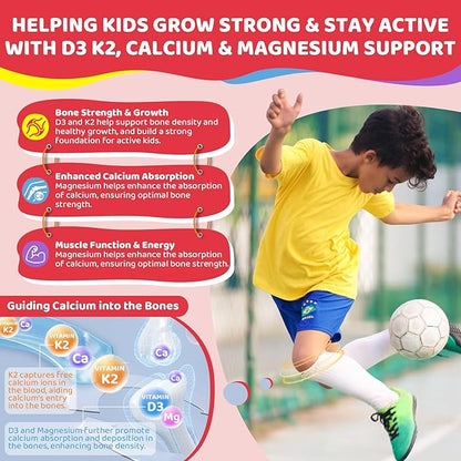 Kids Vitamin D3 K2 + Calcium Gummies (Made in USA) for Adults, 1000IU/2000IU D3 + K2(MK-7) with Magnesium & Algal Omega 3(EPA/DHA) for Bones Teeth Muscles Brain, Low-dose Vitamins, Sugar-Free,60 Chews