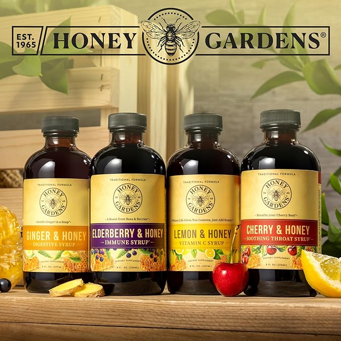 Honey Gardens Elderberry & Honey Immune Syrup - Black Elderberry Syrup for Adults & Kids, Natural Throat Defense Wellness Supplement with Propolis & Organic Apple Cider Vinegar - 8 Fl Oz