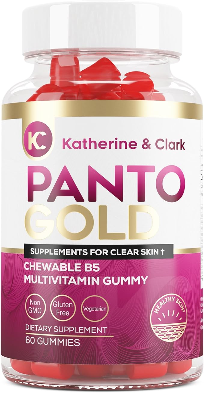 Katherine & Clark Panto Gold Vitamin B5 Pantothenic Acid Gummies for Acne - Hair Skin and Nails Gummies - Biotin, Zinc, Folic Acid Chewable Non-GMO Gluten-Free for Body - Oily Skin Gummies - 60 Count