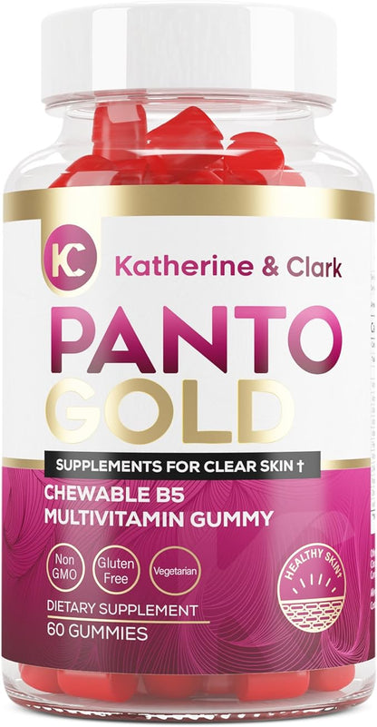Katherine & Clark Panto Gold Vitamin B5 Pantothenic Acid Gummies for Acne - Hair Skin and Nails Gummies - Biotin, Zinc, Folic Acid Chewable Non-GMO Gluten-Free for Body - Oily Skin Gummies - 60 Count