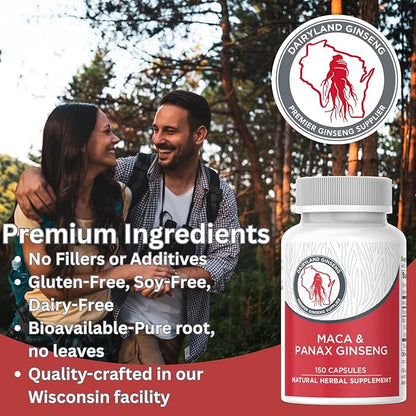 Maca Root Capsules + Korean Panax Ginseng - Concentrated Extract Black + Red + Yellow Maca Root, Panax Ginseng Capsules 150 ct