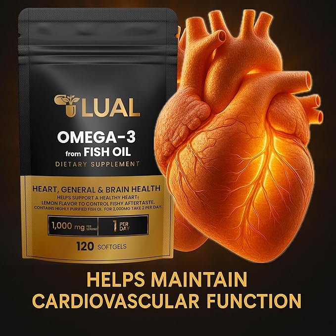 LUAL Omega-3 Fish Oil Softgels – 1000mg with EPA and DHA, Lemon Flavor, Burpless, Non-GMO Formula for Heart, Brain, and Overall Wellness – 120 Count