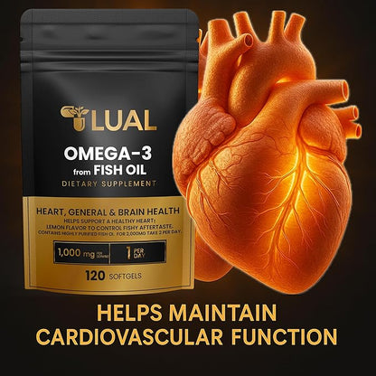 LUAL Omega-3 Fish Oil Softgels – 1000mg with EPA and DHA, Lemon Flavor, Burpless, Non-GMO Formula for Heart, Brain, and Overall Wellness – 120 Count