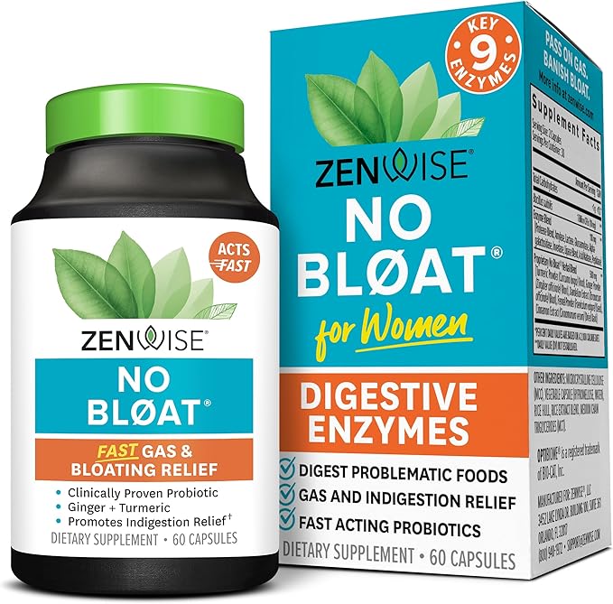 Zenwise Health No Bloat Digestive Enzymes + Probiotics for Women and Men Digestive Health with Ginger, Dandelion, and Lactase for Gas and Bloating Relief - Vegan Water Retention Pills - 60 CT