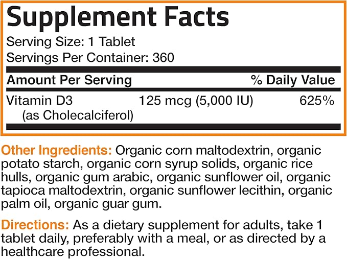 Bronson Vitamin D3 5,000 IU (125 mcg) Certified Organic High Potency Non-GMO Vitamin D Supplement, 360 Tablets