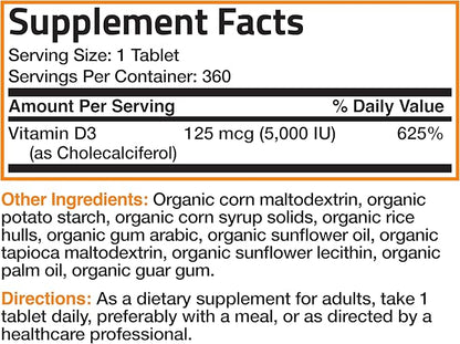 Bronson Vitamin D3 5,000 IU (125 mcg) Certified Organic High Potency Non-GMO Vitamin D Supplement, 360 Tablets