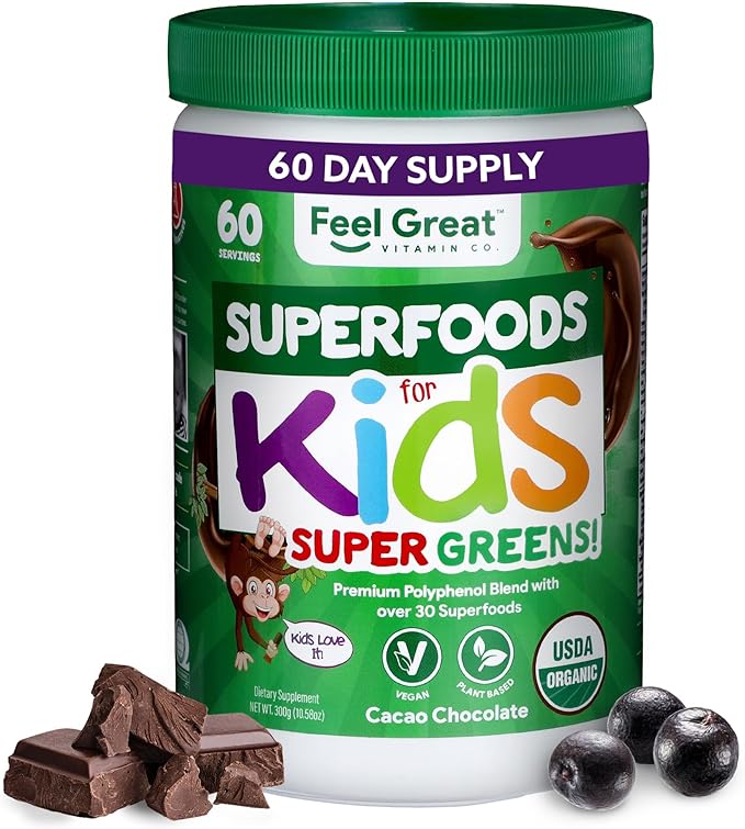 Feel Great USDA Organic Super Greens Powder for Kids - Cocao Chocolate | Fruit & Veggie Supplement | Superfood Powder with Probiotics & Digestive Enzymes for Digestive Health | 60 Days Supply
