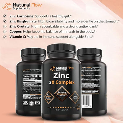 Zinc Supplement Complex with Copper and Vitamin C - Natural Flow 3X Zinc Carnosine and Iron Supplement 2-in-1 Complete Complex - Natural Flow 2X Heme and Chelated Non Heme Iron Bisglycinate