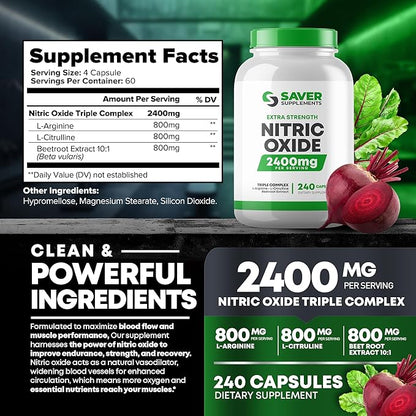 Nitric Oxide Supplement 2400mg with L-Arginine, L-Citrulline and Beet Root Extract, 240 Capsules