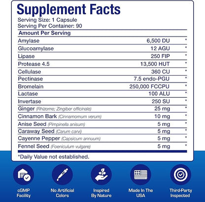 Plant Based Multi Digestive Enzymes Supplement - Clinically Formulated Digestion Supplement with Soothing Herbs and Enzymes for Women and Men for Protein Carb & Fat Digestive Complete (90ct)