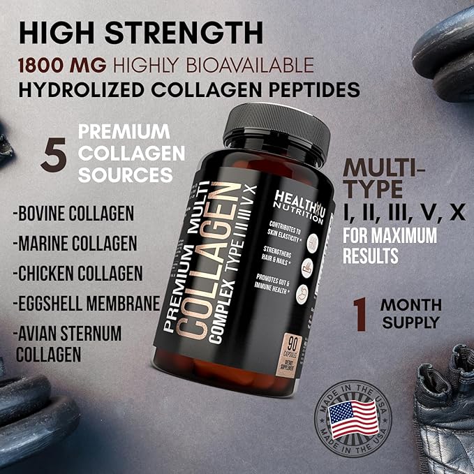 Premium Multi Collagen Peptides Pills - Hydrolyzed Collagen Capsules for Men and Women Types 1 2 3 5 10 - Collagen Supplements for Men - Colageno Hidrolizado Pastillas para Hombre Mujer 90 caps