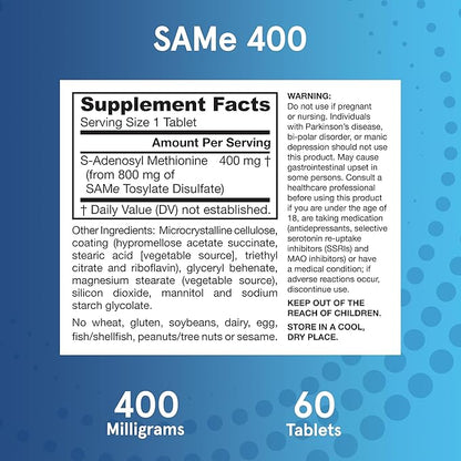 Jarrow Formulas Same 400 mg, Supports Joint Health, Liver Function, Brain Metabolism, 60 Tablets, Up to a 60 Day Supply,Pack of 12