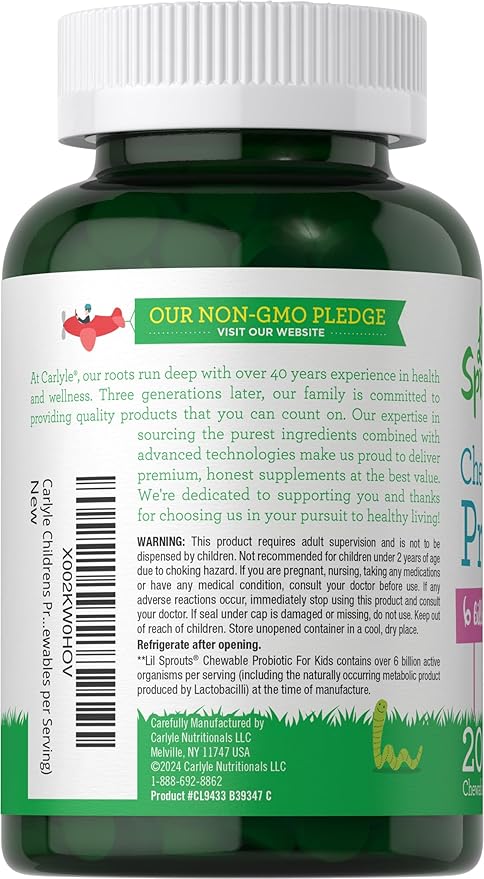 Carlyle Probiotics for Kids Chewable | 200 Count | 6 Billion CFUs | Raspberry Flavor | Non-GMO & Gluten Free Supplement | by Lil' Sprouts