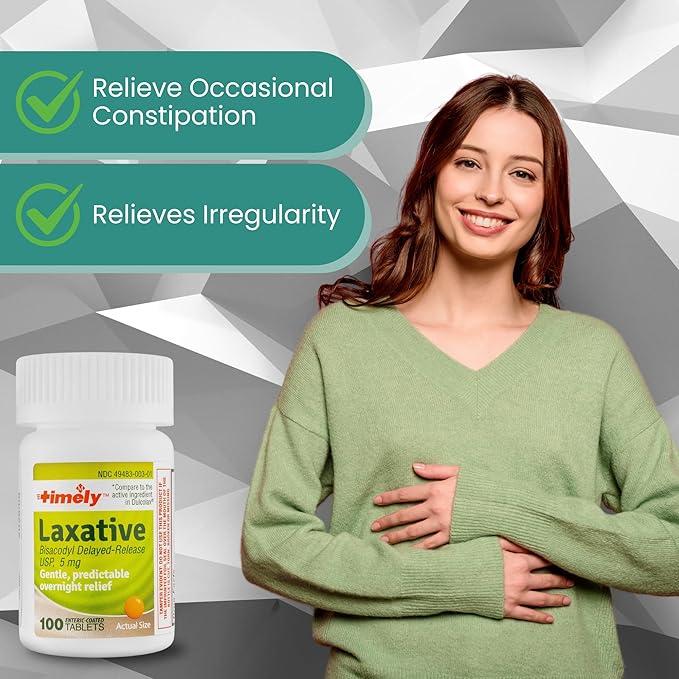 Timely Laxative Bisacodyl 5mg Tablets - Stimulant Laxatives for Constipation Fast Acting & Gentle - Overnight Constipation Relief for Adults - Compare to Active Ingredients in Dulcolax - 100 Tablets