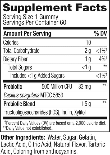 OLLY Probiotic + Prebiotic Gummy, Digestive Support and Gut Health, 500 Million CFUs, Fiber, Adult Chewable Supplement for Men and Women, Peach, 60 Day Supply - 60 Count