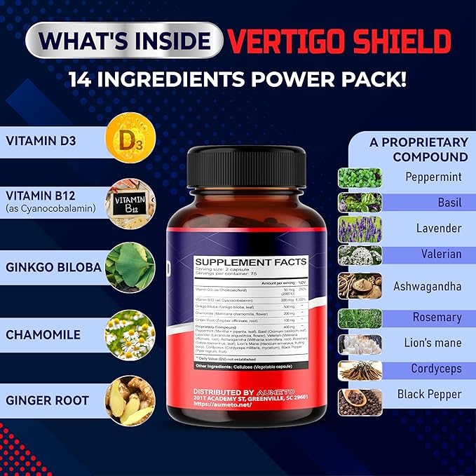 Vertigo Support Complex with Ginkgo Biloba, Chamomile, Ginger, Vitamin D3, B12 - Advanced 14-in-1 Formula for Spinning Dizziness Inner Ear Balance* - Made in The USA