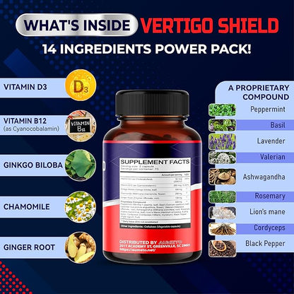 Vertigo Support Complex with Ginkgo Biloba, Chamomile, Ginger, Vitamin D3, B12 - Advanced 14-in-1 Formula for Spinning Dizziness Inner Ear Balance* - Made in The USA