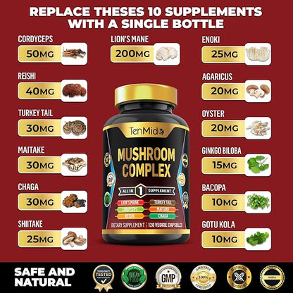 Mushroom Complex Supplement - 13in1 Formula - Blend Lion's Mane Mushroom, Cordyceps Sinensis, Reishi, Turkey Tail, Maitake, Chaga, Shiitake, Enoki, & More - 120 Capsules for 4 Months Supply