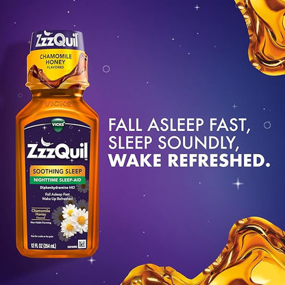 ZzzQuil Liquid Sleep Aid, Soothing Sleep, Diphenhydramine 50mg HCl, Chamomile Honey Flavored, Nighttime Sleep Aid Liquid, Sleep Aids for Adults, 2 Pack, 24 FL OZ