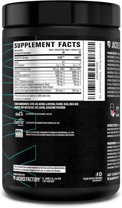 Jacked Factory Pumpsurge Max Stim Free Pre Workout - High-Performance Caffeine Free Pre Workout with L-Citrulline, N03-T Arginine Nitrate & Glutathione - 40 Servings, Watermelon Candy