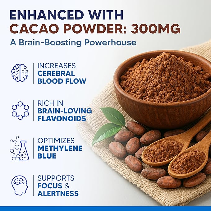 aSquared Nutrition Methylene Blue Capsules - Pharmaceutical Grade Supplement for Humans - 12mg USP Grade - w/Vitamin C & Cacao Powder - Brain, Focus, Energy - Alternative to Drops & Tablets