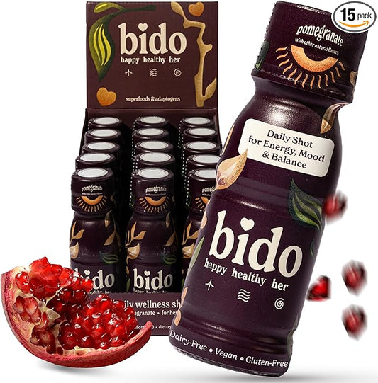 Bido | Women's Wellness Drink | Herbal Formula for Women: Ashwagandha KSM-66, Maca, Ginseng, Damiana & More | 15:1 Female Supplement for Mood, Vitality & Hormone Balance Support | Pomegranate, 15-pack