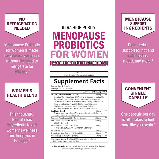 Menopause Supplements for Women - 40 Billion CFU Menopause Probiotics for Women - Support for Hot Flashes Night Sweats Mood Swings and Balance - Non-GMO, 60 Easy-Swallow Capsules, 60 Servings