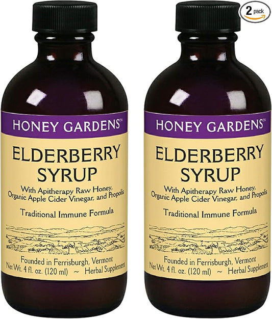 Honey Gardens Elderberry Syrup with Grade A Raw Honey, Propolis, Organic ACV & Elderberries | Traditional Immune Formula w/Echinacea | Made in The USA (4oz, 2pk)