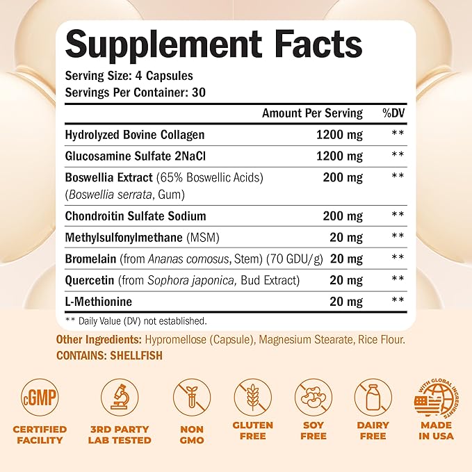 Vimerson Health Glucosamine Chondroitin MSM with Hydrolyzed Collagen Peptides - Joint Support Supplement with Quercetin, Bromelain & Boswellia Extract - Collagen Pills for Hair Skin Nails - 2 Pack