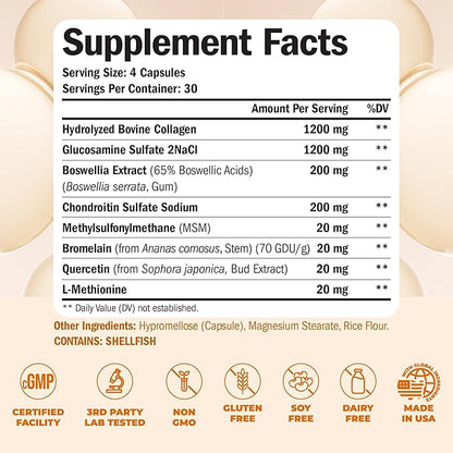 Vimerson Health Glucosamine Chondroitin MSM with Hydrolyzed Collagen Peptides - Joint Support Supplement with Quercetin, Bromelain & Boswellia Extract - Collagen Pills for Hair Skin Nails - 2 Pack