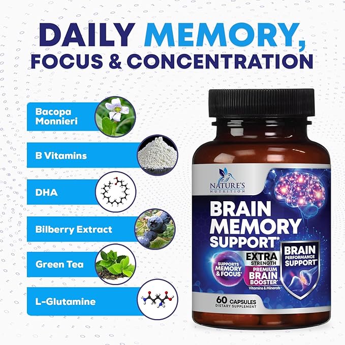 Brain Supplements for Memory and Focus - 40 Nootropics & Vitamins to Support for Alertness, Clarity & Concentration, Brain Health, B6, B12, Phosphatidylserine - 60 Capsules