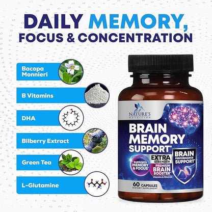 Brain Supplements for Memory and Focus - 40 Nootropics & Vitamins to Support for Alertness, Clarity & Concentration, Brain Health, B6, B12, Phosphatidylserine - 60 Capsules