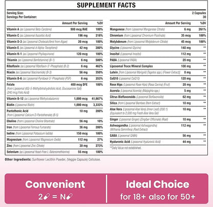 Liposomal Multivitamin for Women 1400MG - Womens Daily Multi Vitamins Supplements with Iron, Vitamin A, C, D, E and B Complex for Immune Health, Hair & Skin Support for Women 18+，120 Vegan Capsules