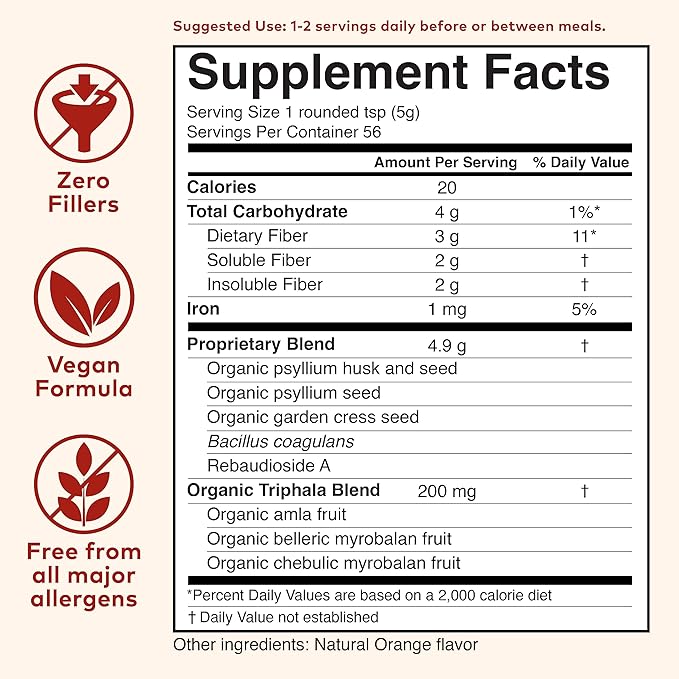 ORGANIC INDIA Psyllium Husk Powder - Pre & Probiotic Fiber Supplement, Organic Psyllium Husk Fiber Supplement with Whole Psyllium Husk, Dietary Fiber, USDA Organic, Vegan, Gluten Free - Orange, 10 Oz