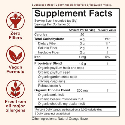 ORGANIC INDIA Psyllium Husk Powder - Pre & Probiotic Fiber Supplement, Organic Psyllium Husk Fiber Supplement with Whole Psyllium Husk, Dietary Fiber, USDA Organic, Vegan, Gluten Free - Orange, 10 Oz