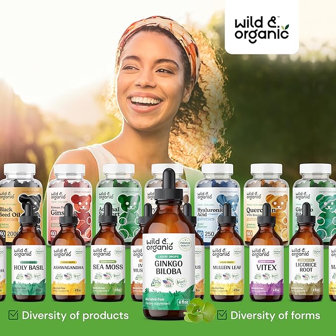 Wild & Organic Ginkgo Biloba Extract Drops - Brain & Focus Support - Liquid Ginkgo Biloba Supplements - Vegan, Sugar & Alcohol-Free Herbal Tincture - 4 fl oz