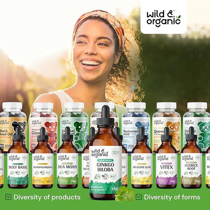Wild & Organic Ginkgo Biloba Extract Drops - Brain & Focus Support - Liquid Ginkgo Biloba Supplements - Vegan, Sugar & Alcohol-Free Herbal Tincture - 4 fl oz