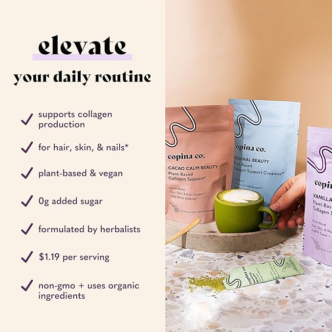 Vegan Collagen Booster Mix: Plant Based Collagen Support Smoothie Drink Vegan Blend Variety Pack | 4 Flavors Matcha, Vanilla, Original and Cacao Calm | 25 Servings per 4.4oz Bag