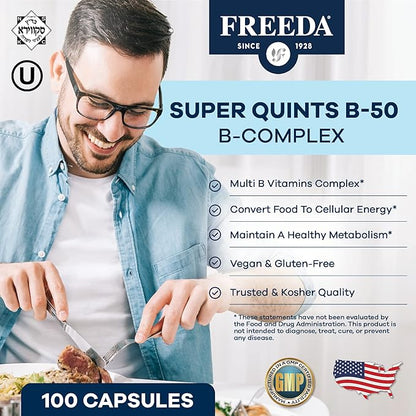 FREEDA Vitamin B Complex - Super Quints B-50 - Kosher Super B Complex Vitamin Supplement for Women & Men with Vitamin B1 Vitamin B2 Vitamin B3 Vitamin B6 Vitamin B12 Plus Folic Acid (100 Capsules)