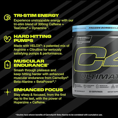 Cellucor C4 Ultimate Pre Workout Powder - Sugar Free Preworkout Energy Supplement for Men & Women - 300mg Caffeine + TeaCrine + Dynamine + Creatine - Frozen Bombsicle, 20 Servings