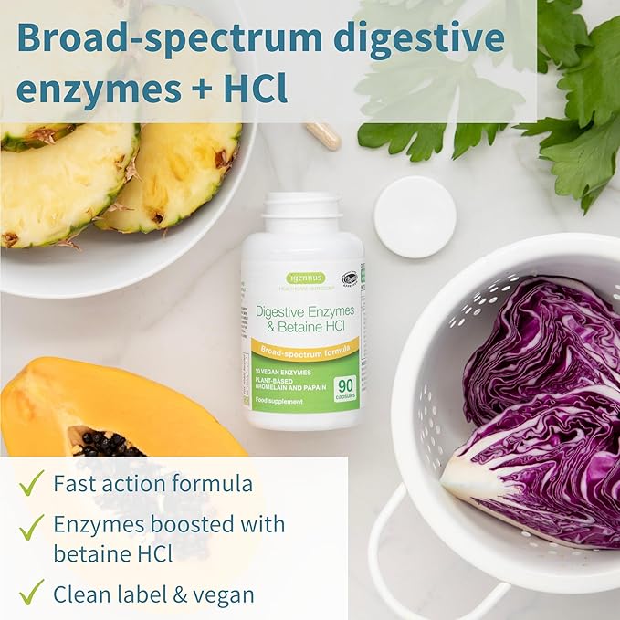 Igennus Fast Action Digestive Enzymes & Betaine HCl, 10 Broad Spectrum Enzymes with Protease, Lipase & Lactase, Papain & Bromelain, Plant-Based Vegan, Clean Label, for Women and Men, 6 Pack