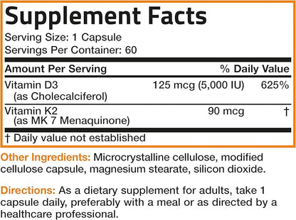 Bronson Vitamin K2 D3 (MK7) Supplement Non-GMO Formula Vitamin D3 5000IU (125 mcg) & 90 mcg K2 MK-7, Easy to Swallow D & K Complex, 60 Capsules