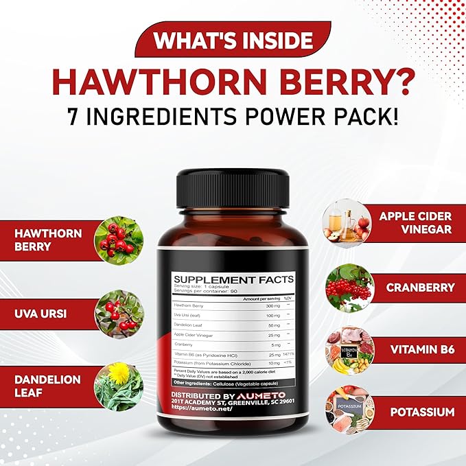7 in 1 Ultra Hawthorn Berry with Uva Ursi Dandelion Cranberry Apple Cider Vinegar - Heart, Kinney Health Support