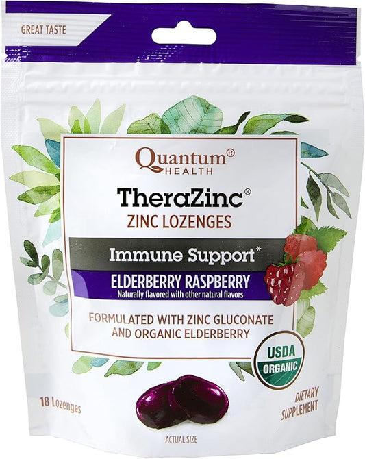 Quantum Health TheraZinc Organic Zinc Lozenges Elderberry Sambucus Raspberry & Honey Immune Support for Adults & Kids 12+ Naturally Flavored Fast Relief with No Aftertaste -18 Count (Package may vary)